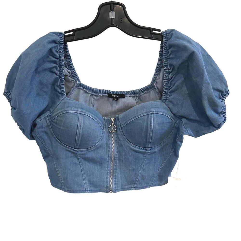 NWT Blashe Blue Denim Puff Sleeve Bustier with Front Zipper - M